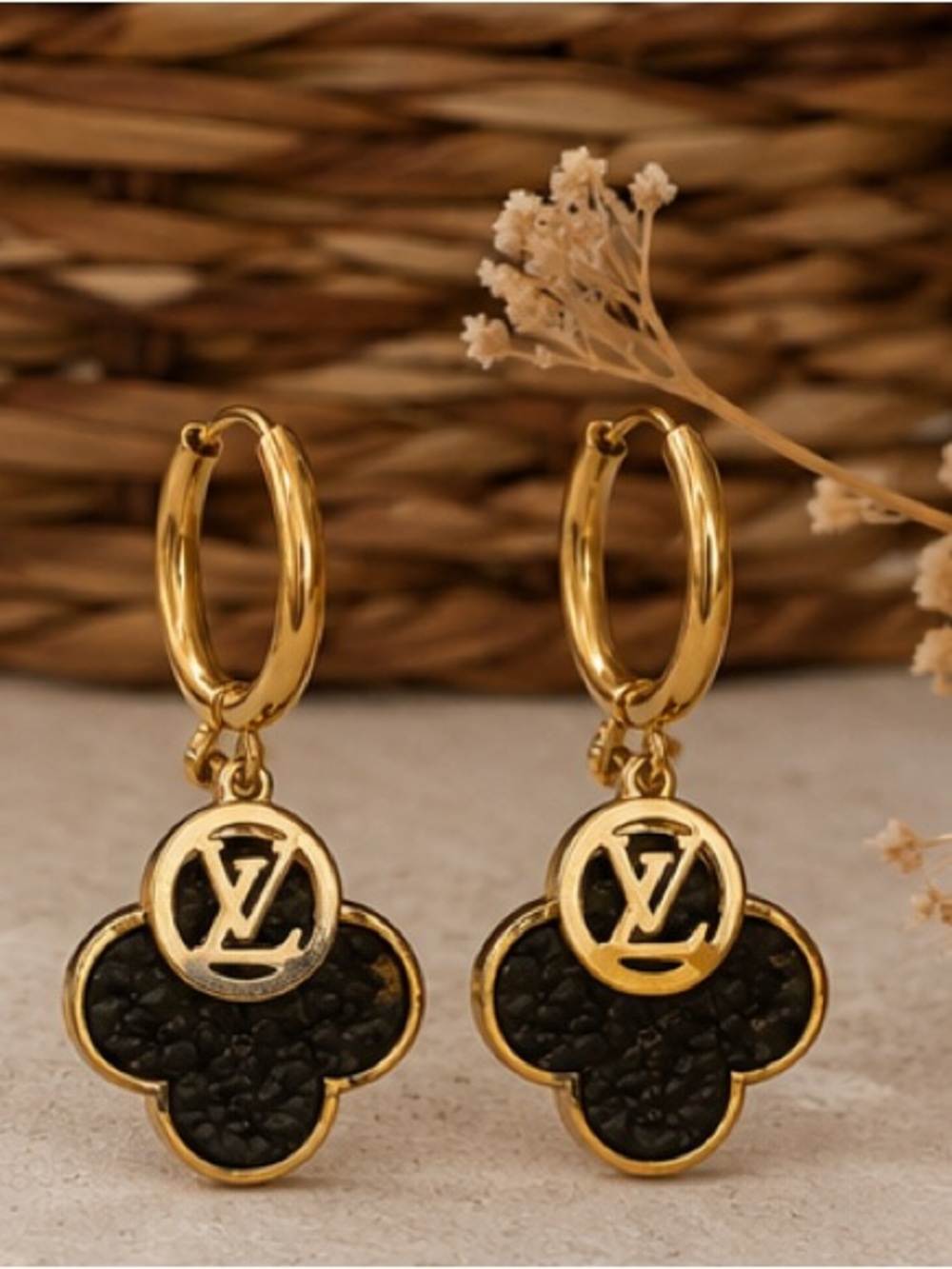 Gold Black Clover Charm Huggie Hoop Earrings